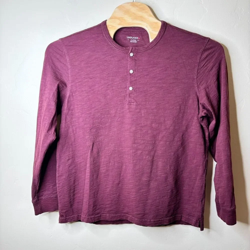 UNTUCKit Men's Yannik Henley Shirt Size XL Burgundy L/S‎ Cotton Slub Casual